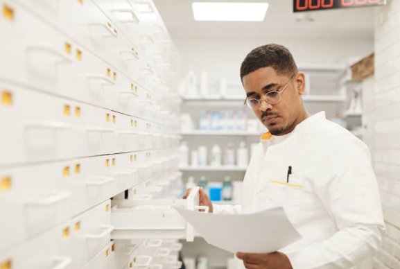 Pharmacist carefully reviewing medication records, representing trusted clinical knowledge