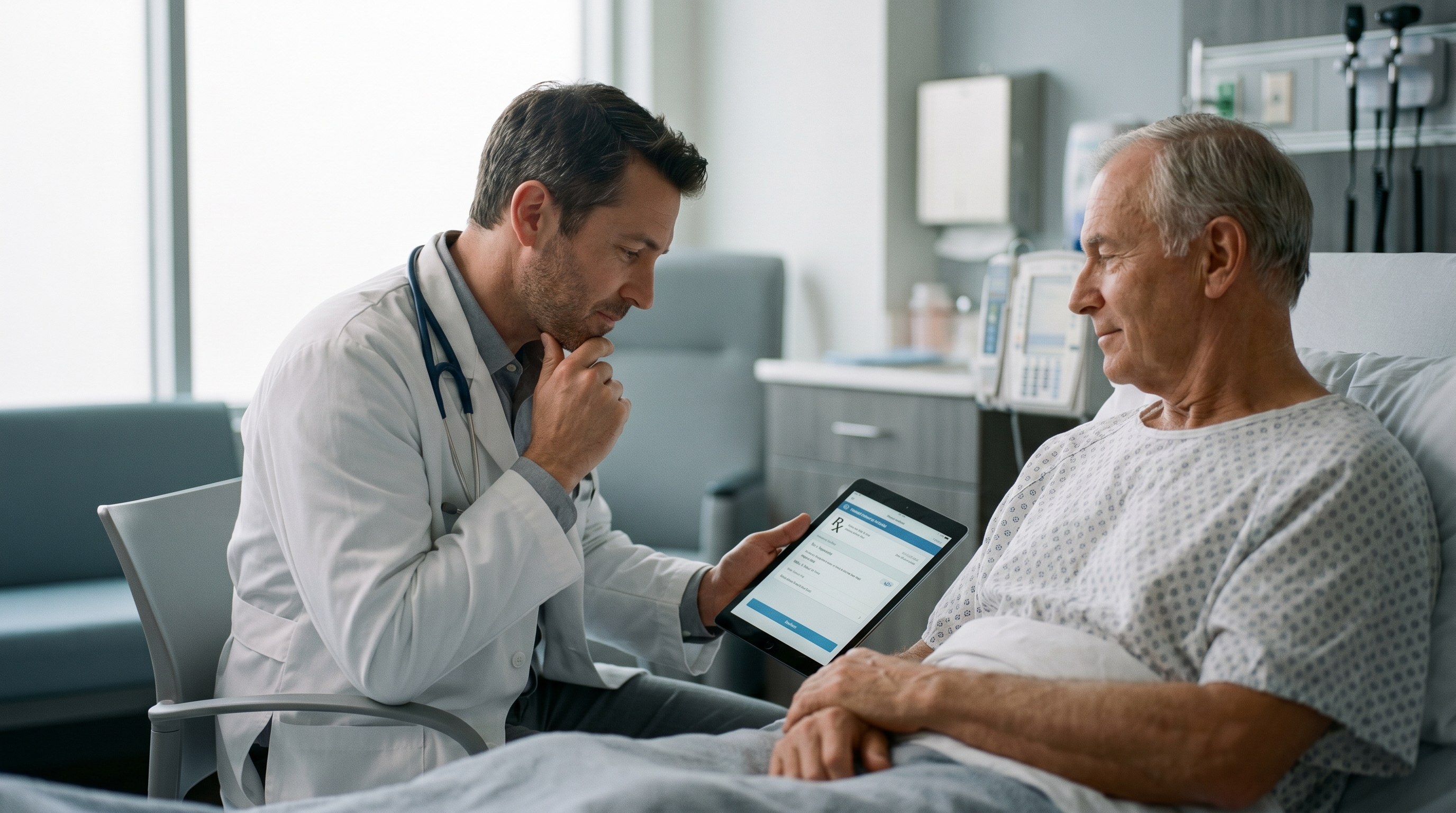 A physician reviewing a prescription on a tablet with an older patient