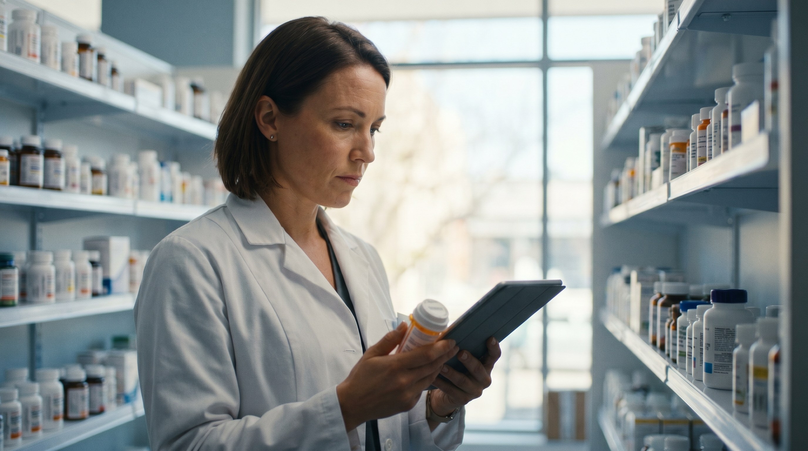 A pharmacist carefully checking medication